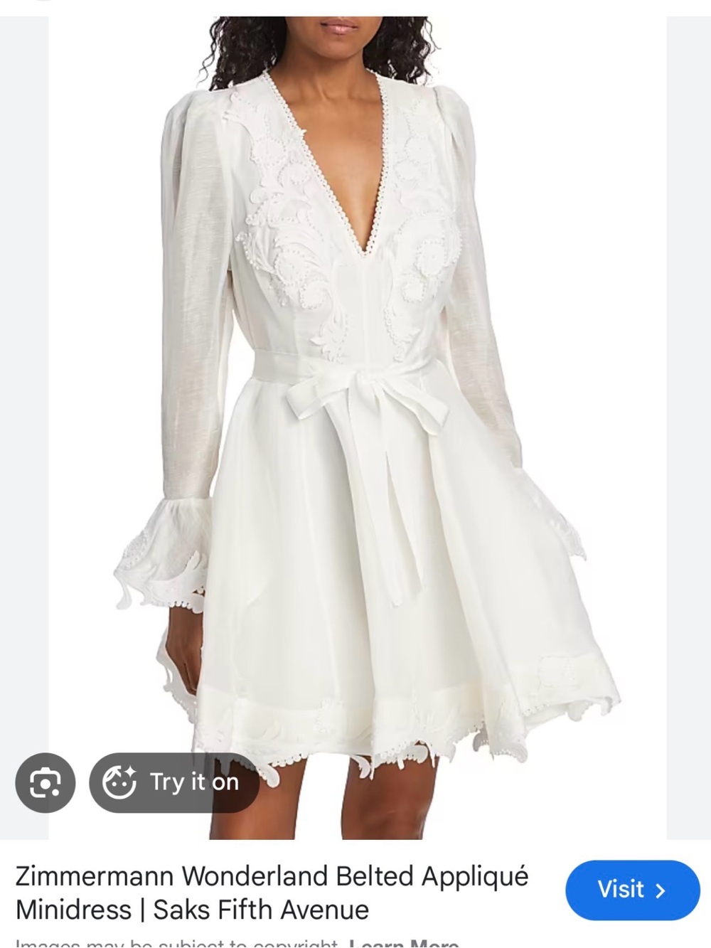 Zimmermann White V‑Neck Appliqué Belted Minidress